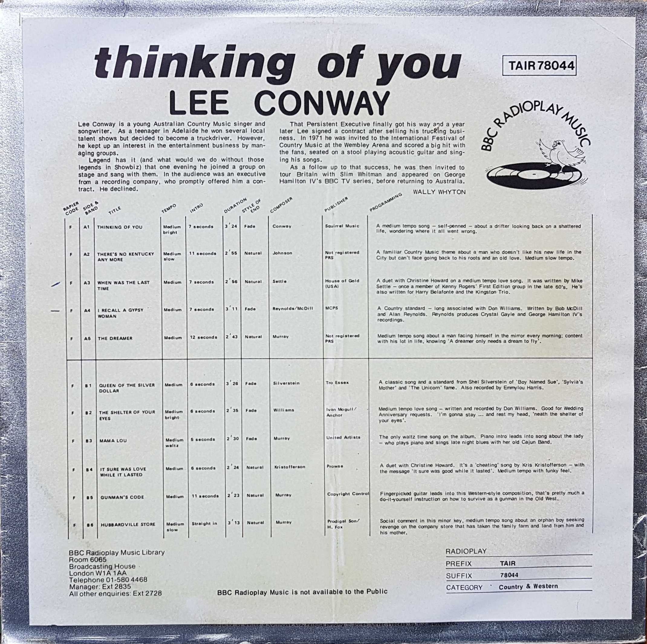 Picture of TAIR 78044 Lee Conway - thinking of you by artist Lee Conway from the BBC records and Tapes library